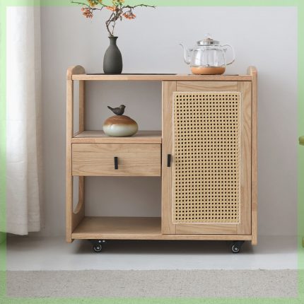 Crafted from solid wood, this Pantry Cabinet highlights natural imperfections, embracing the Wabi-Sabi ethos. Its elegant simplicity adds tranquility to your bedroom. Perfect for those who appreciate nature's understated beauty.