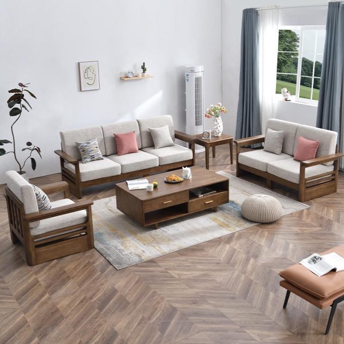 "A solid wood frame sofa combining durability with modern elegance."
