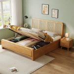 solid wood bed with rattan weaving