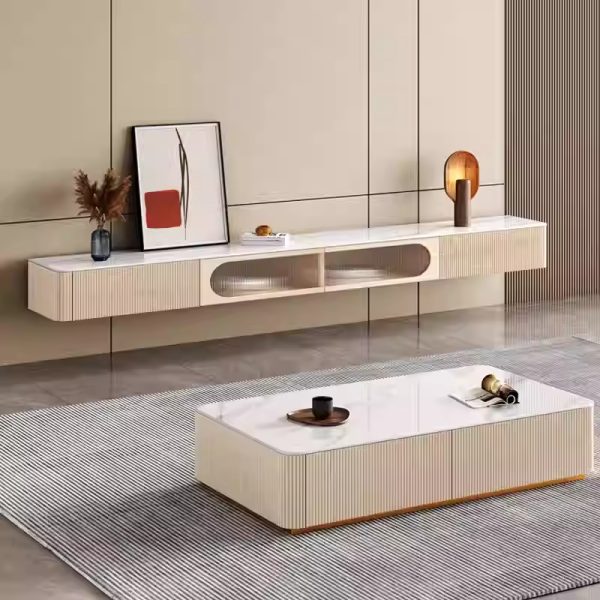 Cream Style Slate Floating Coffee Table TV Stand Set