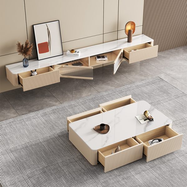 Cream Style Slate Floating Coffee Table TV Stand Set