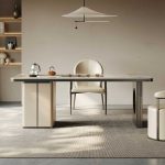Sleek stainless steel tea table base, enhances living room aesthetics