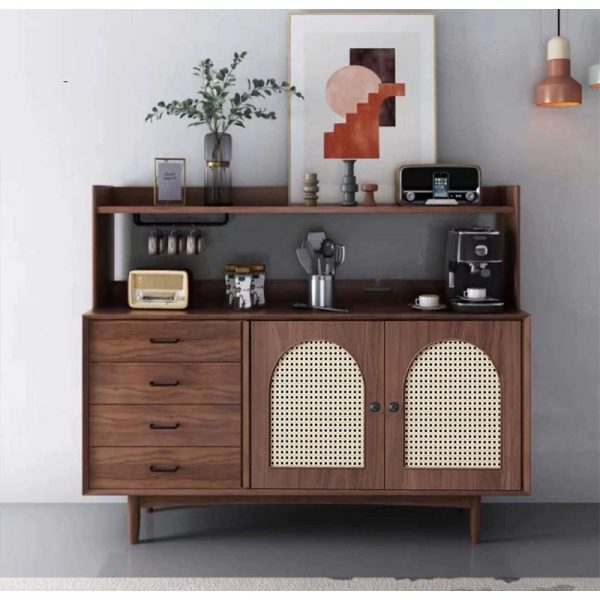 Mid-Century Modern Solid Wood and Rattan Sideboard 