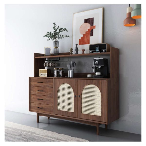 Mid-Century Modern Solid Wood and Rattan Sideboard 