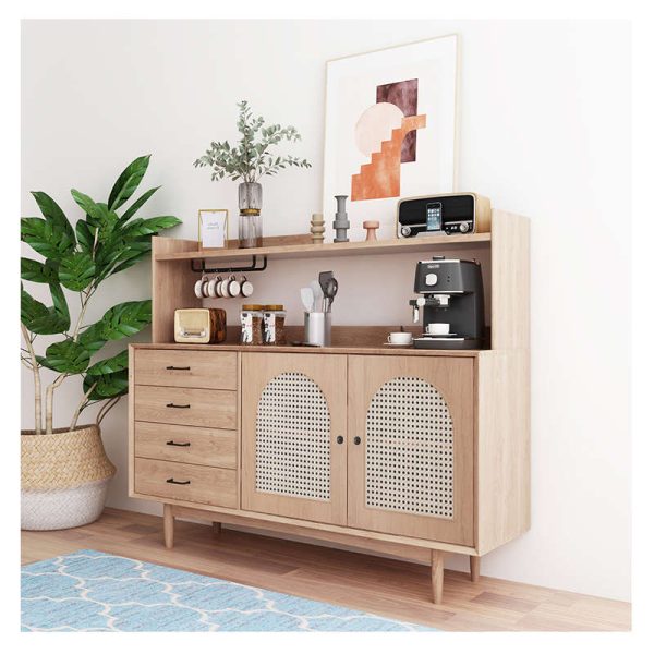 Mid-Century Modern Solid Wood and Rattan Sideboard 