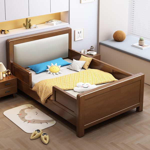 A modern minimalist children's bed with detachable safety guardrails, crafted from non-toxic birch wood and featuring adjustable height settings to grow with your child from toddler to teen.