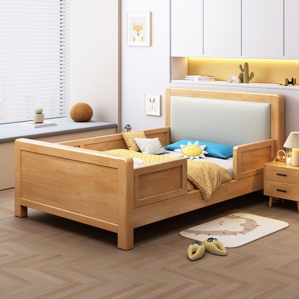 A modern minimalist children's bed with detachable safety guardrails, crafted from non-toxic birch wood and featuring adjustable height settings to grow with your child from toddler to teen.