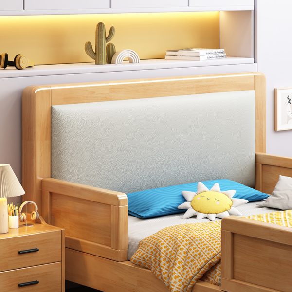 A modern minimalist children's bed with detachable safety guardrails, crafted from non-toxic birch wood and featuring adjustable height settings to grow with your child from toddler to teen.