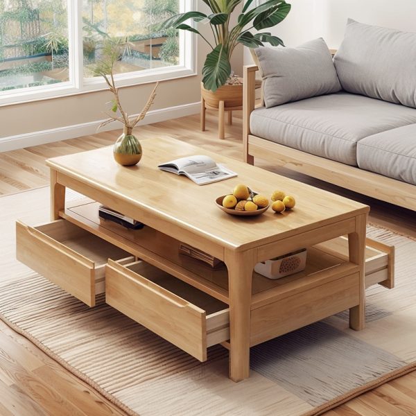 Modern Nordic Solid Wood Coffee Table with Drawers