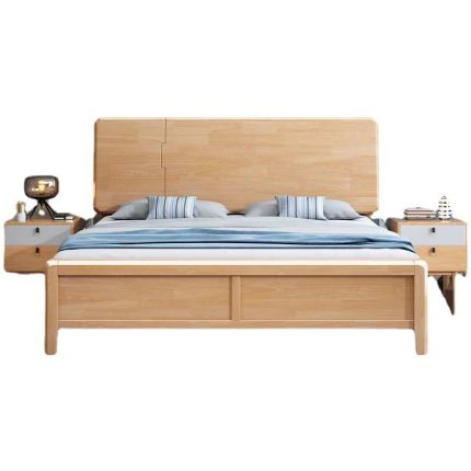 A modern rubberwood bed designed to fit seamlessly into any minimalist decor.