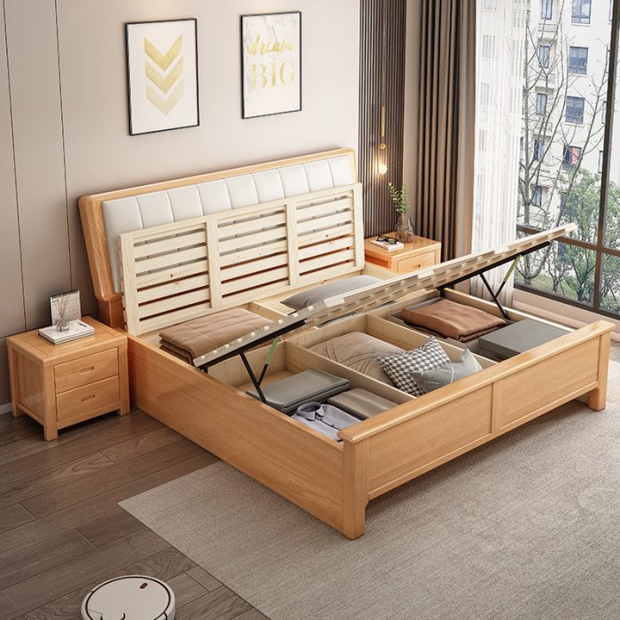 Modern design meets functionality in this rubberwood solid bed.