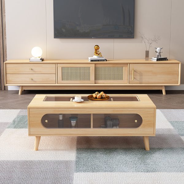 Nordic-Inspired Solid Wood and Woven Rattan TV Cabinet