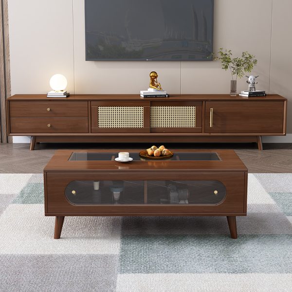 Nordic-Inspired Solid Wood and Woven Rattan TV Cabinet