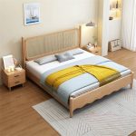 Wooden Bed with Rattan Headboard
