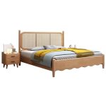 Wooden Bed with Rattan Headboard