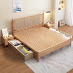 Wooden Bed with Rattan Headboard