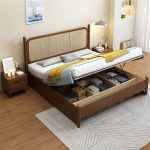 Wooden Bed with Rattan Headboard