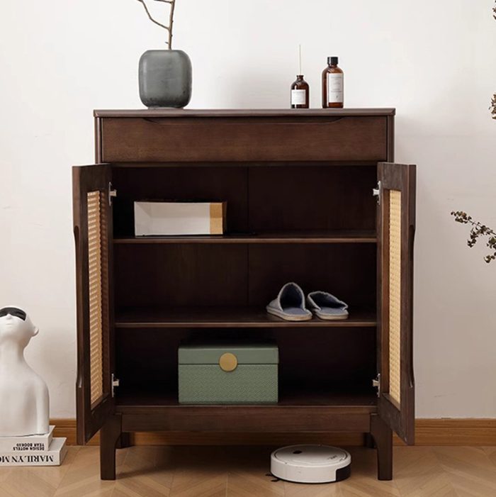 This Shoe Cabinet is crafted with the philosophy of Wabi-Sabi, showcasing the beauty found in natural wood flaws. Its understated design brings an element of calm to any space. A true masterpiece for those who appreciate simplicity and authenticity.