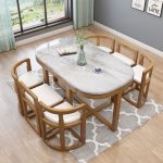Scandinavian Marble Dining Table with Wooden Legs and Cushioned Dining Chairs