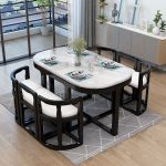 Scandinavian Marble Dining Table with Wooden Legs and Cushioned Dining Chairs