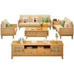 Scandinavian Style Solid Wood and Rattan Couch