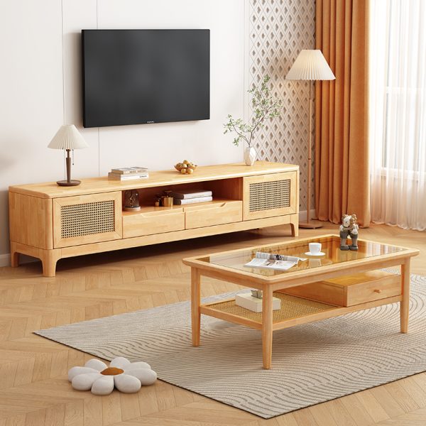 Scandinavian Style Solid Wood and Woven Rattan Coffee Table