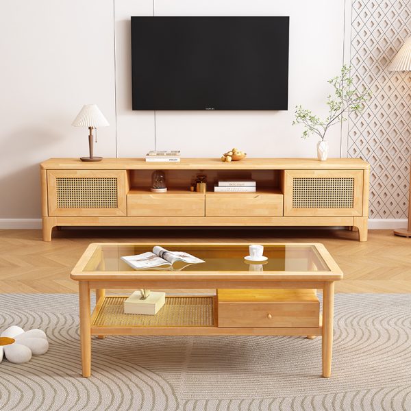 Scandinavian Style Solid Wood and Woven Rattan Coffee Table