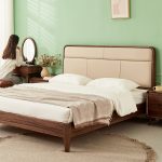 This Nordic wooden bed features clean lines and natural elegance.