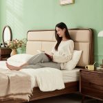 This Nordic wooden bed features clean lines and natural elegance.
