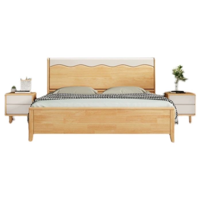 The rubberwood solid bed embodies a sleek modern design with a minimalist vibe