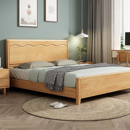 The rubberwood solid bed embodies a sleek modern design with a minimalist vibe