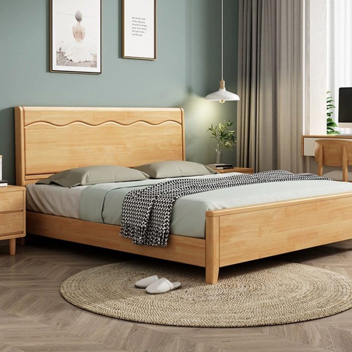 The rubberwood solid bed embodies a sleek modern design with a minimalist vibe