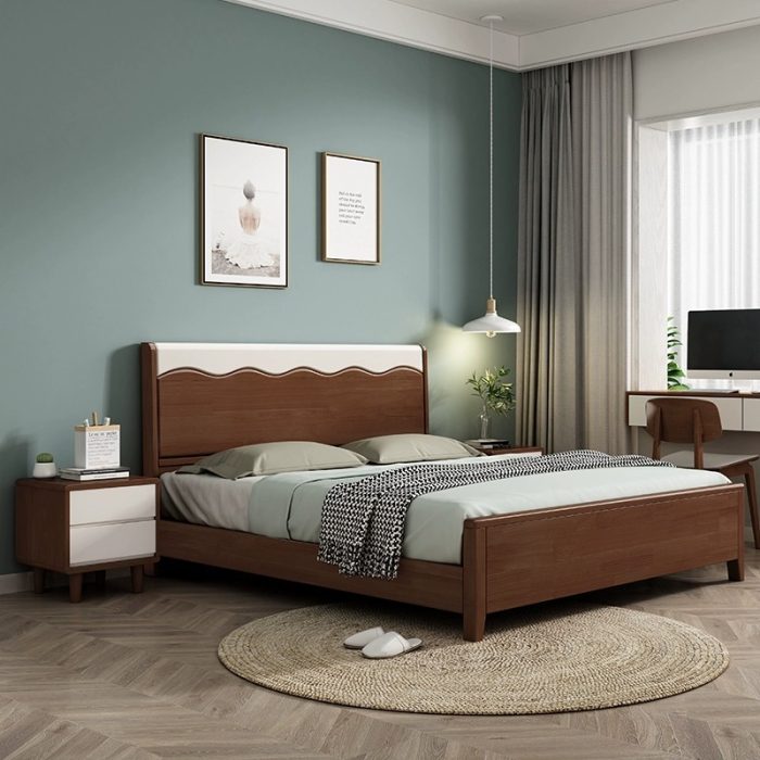 The rubberwood solid bed embodies a sleek modern design with a minimalist vibe