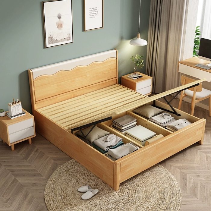 The rubberwood solid bed embodies a sleek modern design with a minimalist vibe