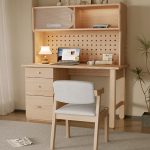 Solid Wood Desk with Bookshelf – White Ash Wood Computer Desk for Kids & Teens