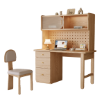 Solid Wood Desk with Bookshelf – White Ash Wood Computer Desk for Kids & Teens