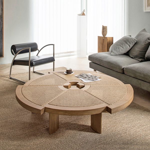 Wabi-Sabi Style Rattan and Wood Coffee Table