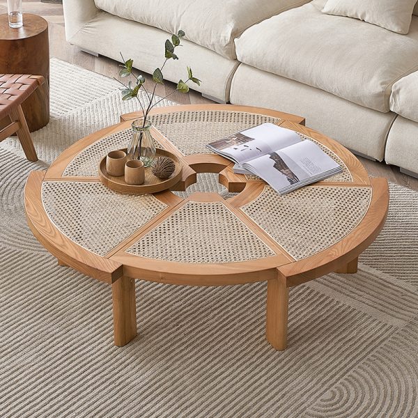 Wabi-Sabi Style Rattan and Wood Coffee Table