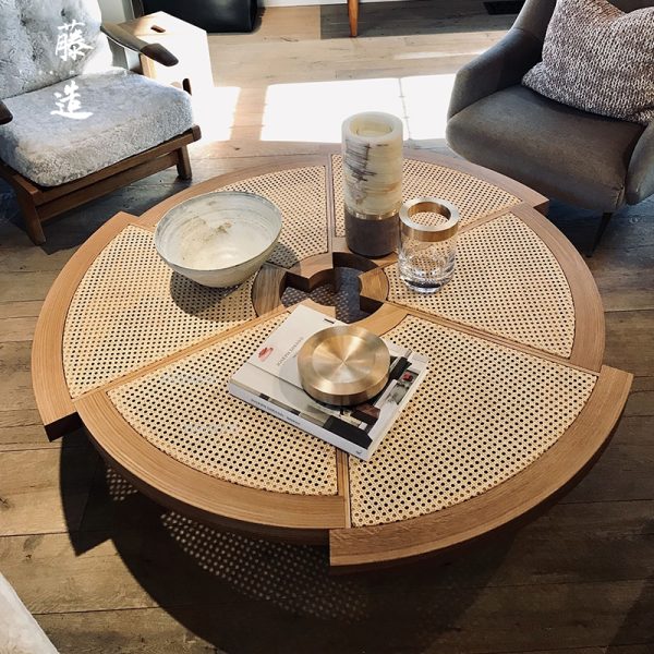 Wabi-Sabi Style Rattan and Wood Coffee Table