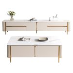 Stylish TV Stand and Coffee Table with Stone Top and Metal Base