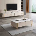 Stylish TV Stand and Coffee Table with Stone Top and Metal Base