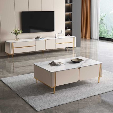 Stylish TV Stand and Coffee Table with Stone Top and Metal Base