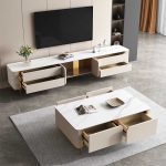 Stylish TV Stand and Coffee Table with Stone Top and Metal Base
