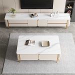 Stylish TV Stand and Coffee Table with Stone Top and Metal Base
