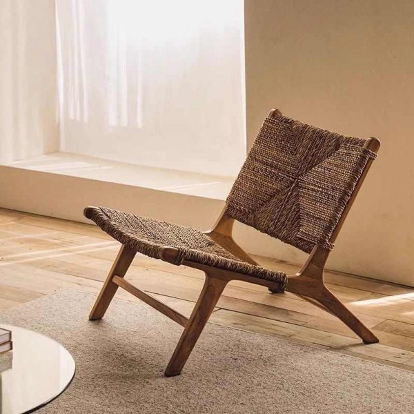 Wooden Designer Lounge Chair with Rope Backrest