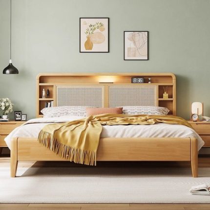 solid wood bed with rattan weaving