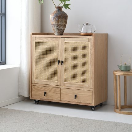 "A solid wood tea cabinet that embraces the beauty of Wabi-Sabi philosophy."