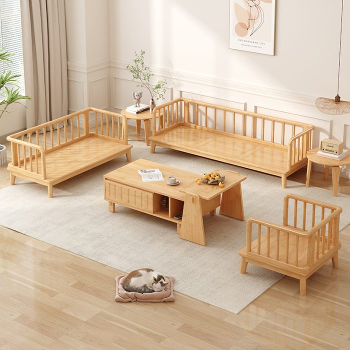 This Nordic wooden bed features clean lines and natural elegance.