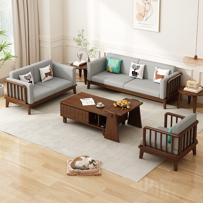 This Nordic wooden bed features clean lines and natural elegance.