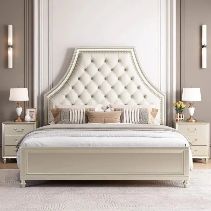 Elegant American-Inspired Wooden Bed with Light Luxury Finishing